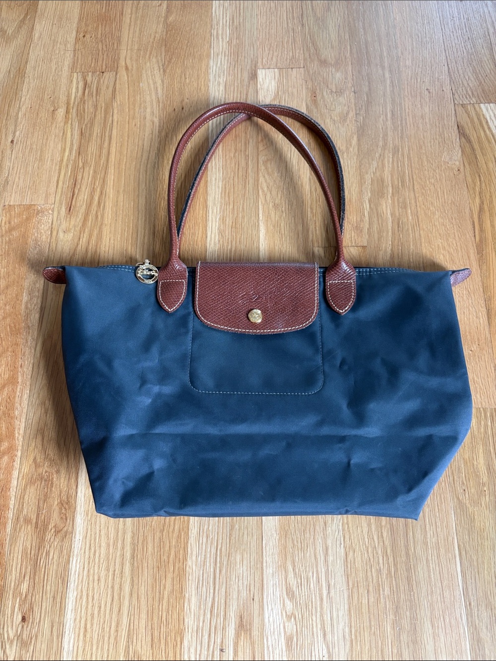 Longchamp Le Pliage Grey Tote with Brown Leather Trim